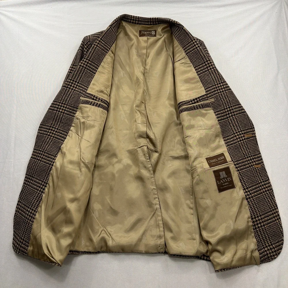 Lanvin Sport Coat Camel Hair Glen Plaid Elbow Patches Tan Mens 48R